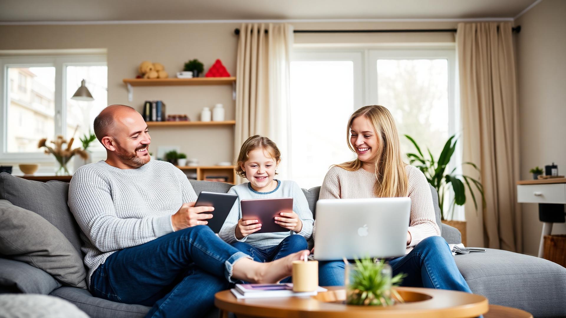 Familj som surfar på bredband hemma